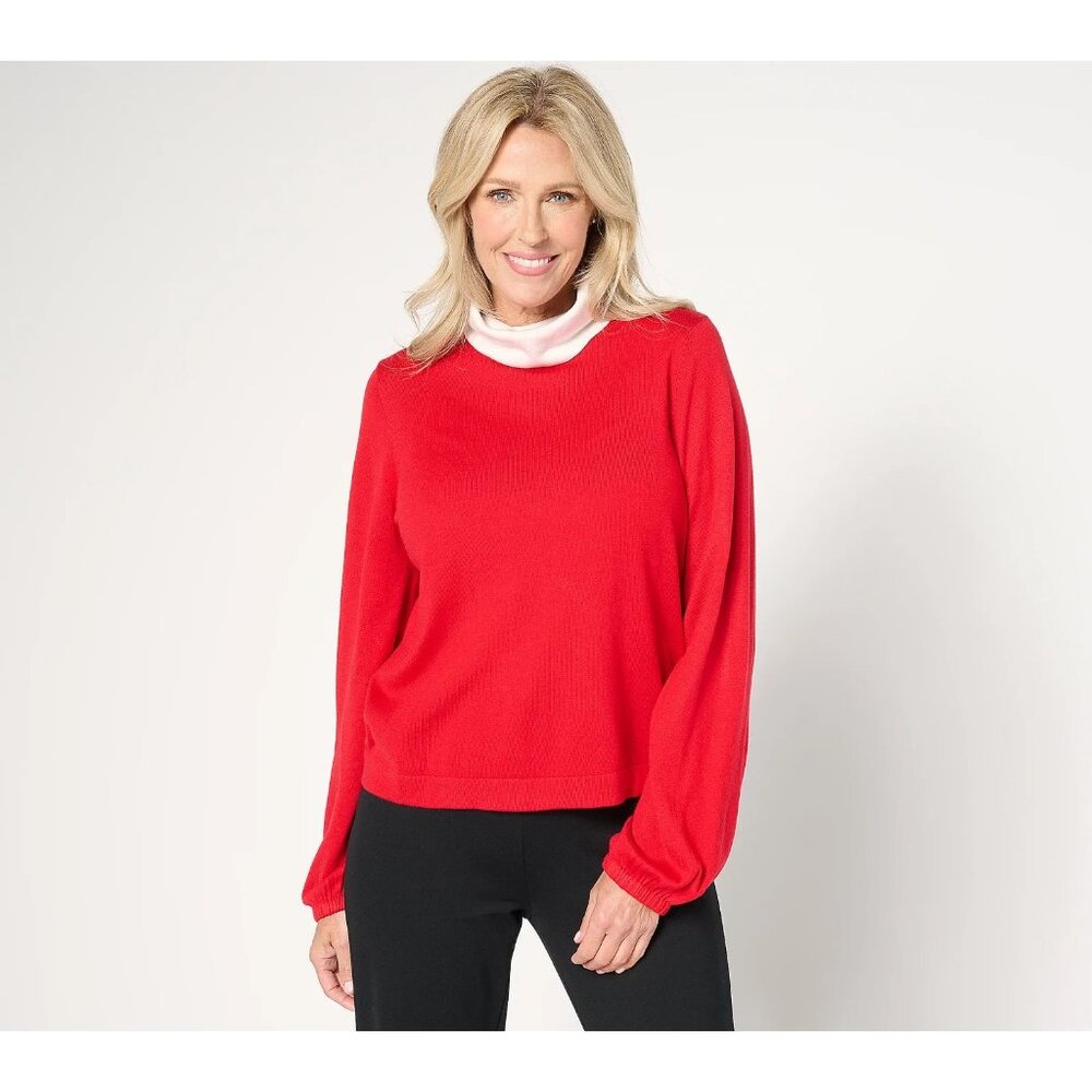 by Stacy London Mock Neck Sweater with Gathered Sleeve Red Large A693799